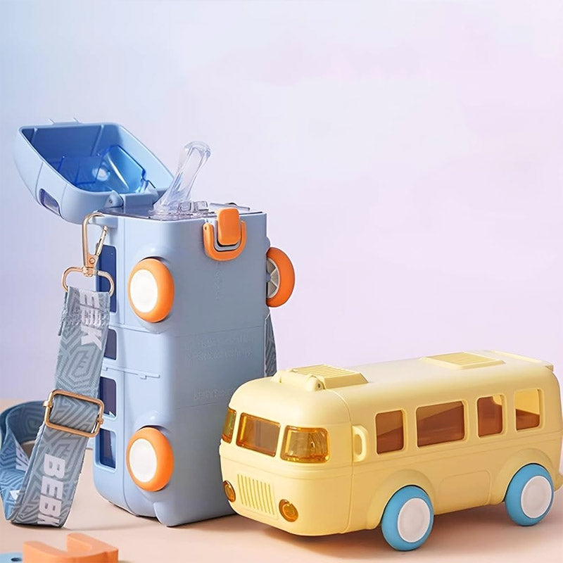 Bus-Shaped Kids Water Bottle with Straw & Portable Carry Strap